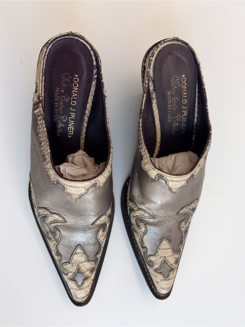 Donald J. Pliner Western Couture Collection Mule Metallic Gray Snakeskin 8M Y2K - Picture 15 of 17